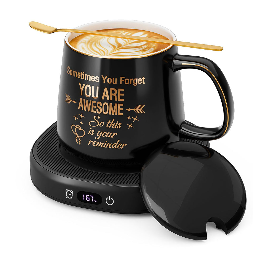 LOUTYTUO coffee mug warmer on a desk keeping beverages warm for long sessions