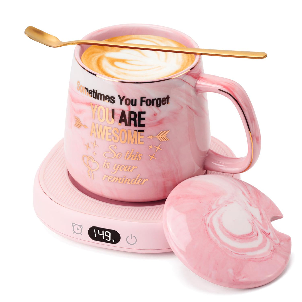 LOUTYTUO Coffee Mug Warmer front view shows desk-friendly setup with clear heat controls
