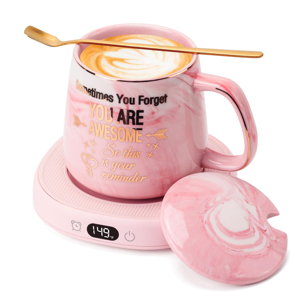 LOUTYTUO Coffee Mug Warmer front view shows desk-friendly setup with clear heat controls