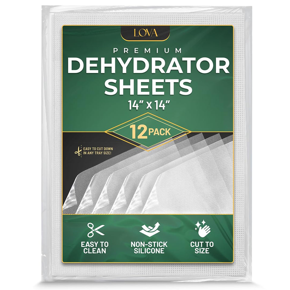Lova silicone dehydrator sheet showing precise 14x14 fit on a tray for efficient drying