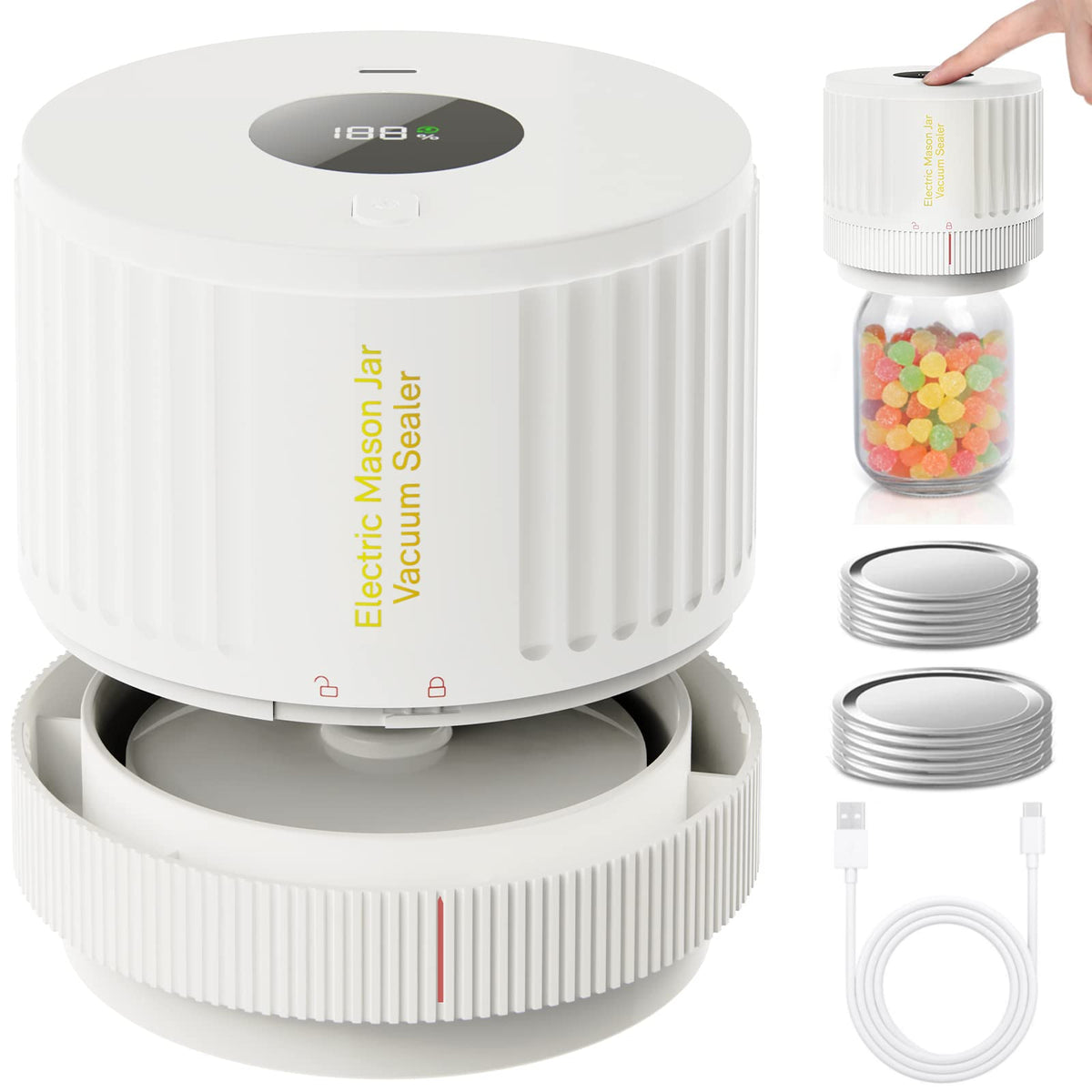 LOVE MOMENT vacuum sealer in action on a wide-mouth jar preserves freshness on the counter.