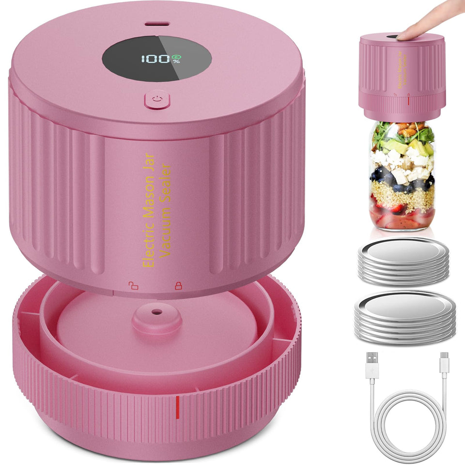 LOVE MOMENT electric mason jar vacuum sealer in action with wide-mouth kit for fresher ingredients