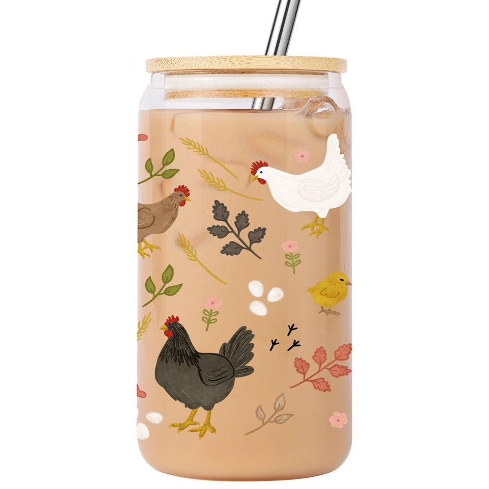 Lovearth 16 oz Cottagecore glass cup with lid and straw, perfect for iced coffee lovers.