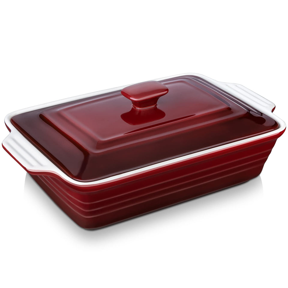 LOVECASA 4.5-quart ceramic casserole with lid for baking and serving lasagna.