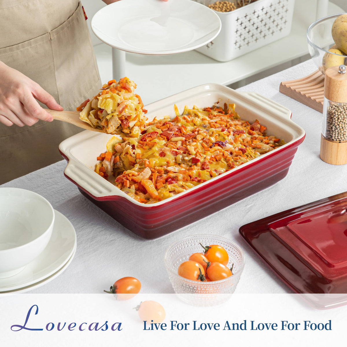 LOVECASA ergonomic dual-handles provide a secure grip when transferring hot dishes.