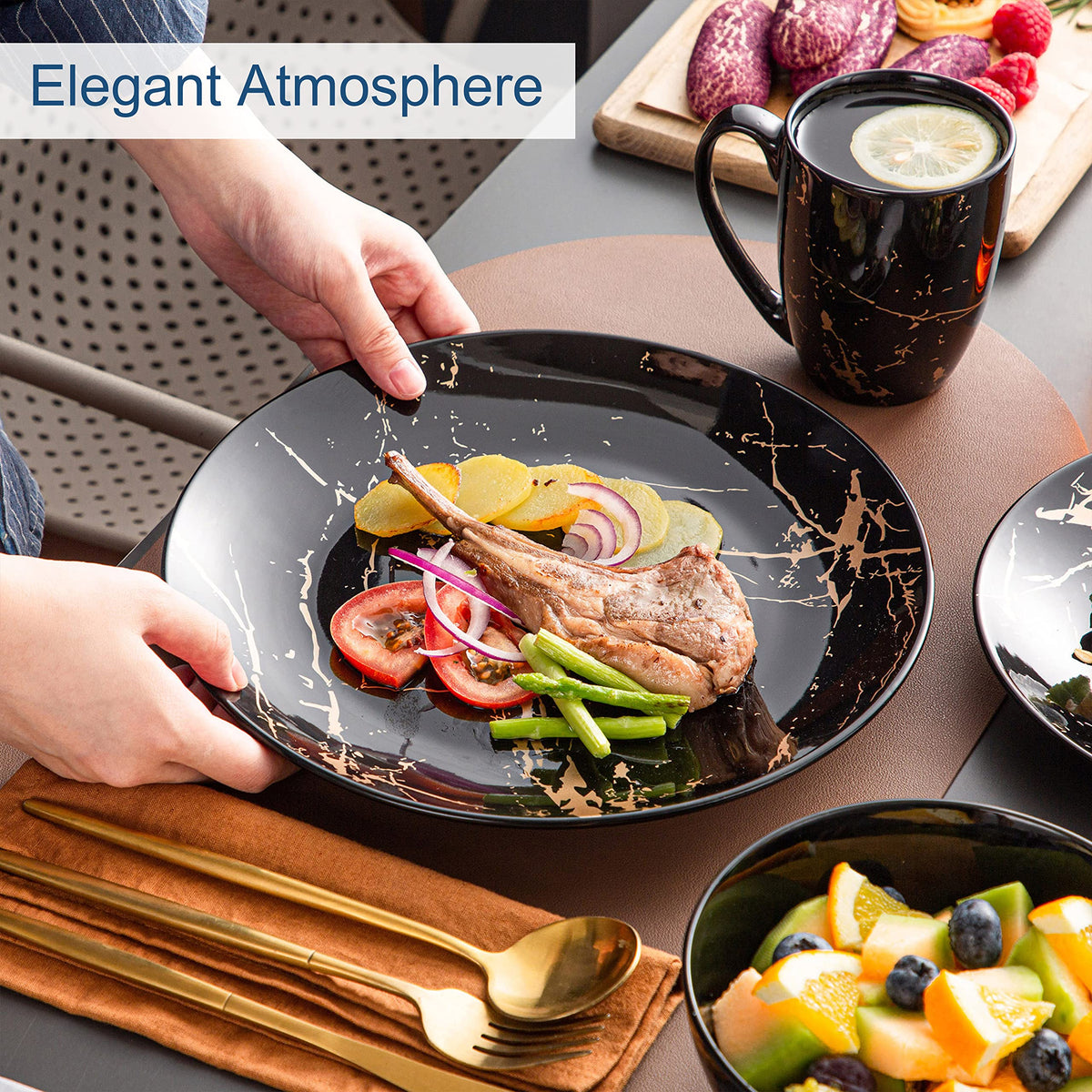 LOVECASA gold splash on black porcelain elevates table aesthetics during gatherings.