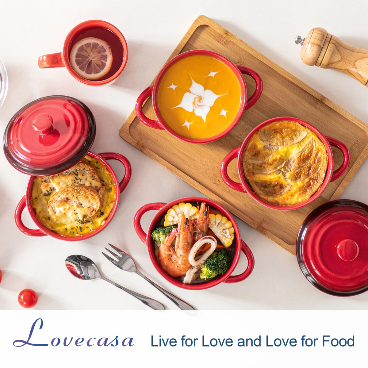 LOVECASA 12oz cocotte with lid and handles in red for easy transport.