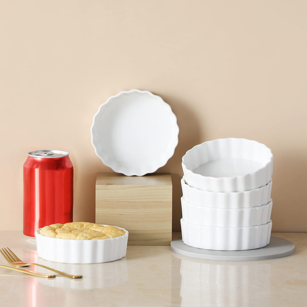 LOVECASA porcelain ramekins with fluted edges ideal for even baking.