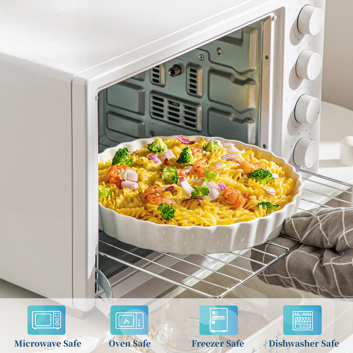 LOVECASA quiche dish is safe for oven, microwave, freezer, and dishwasher.