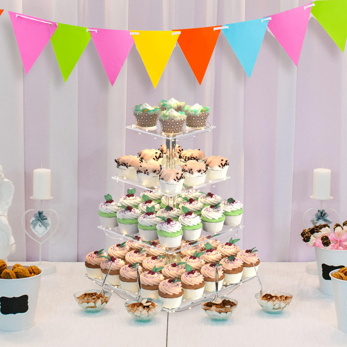 LoveDisplay Cupcake Stand with LED lights highlights desserts for a festive presentation.