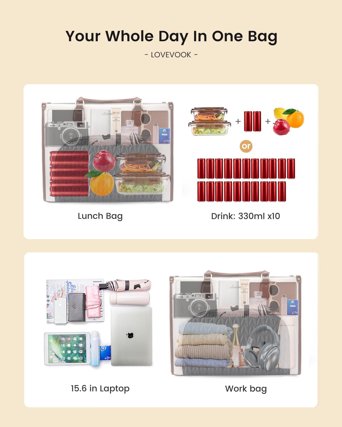LOVEVOOK versatile tote for work, travel, and errands with insulated food space.