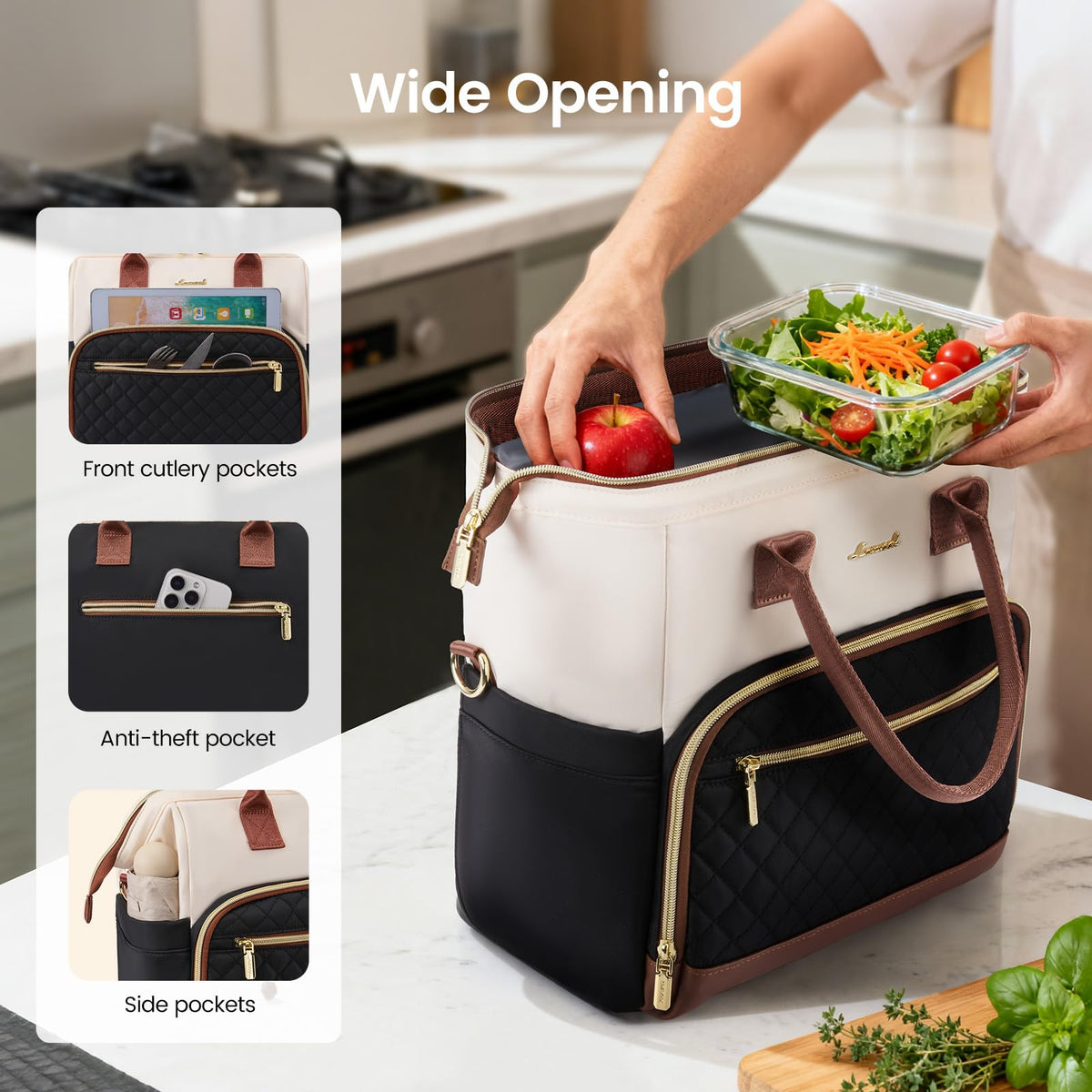 LOVEVOOK lunch bag multi-pocket design to organize utensils and bottles.