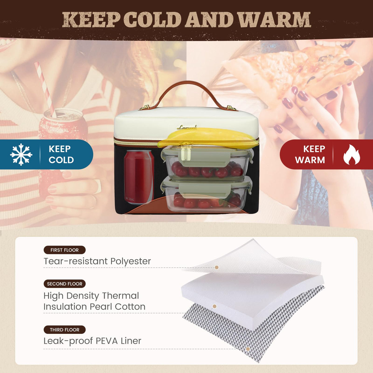 Interior three-layer insulation maintains temperature for longer meals.