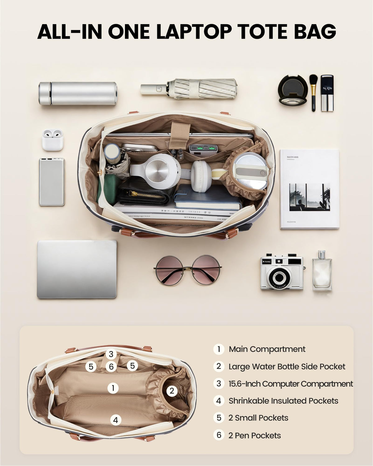 LOVEVOOK tote with eight pockets and padded laptop sleeve for organization.