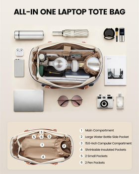 LOVEVOOK tote with eight pockets and padded laptop sleeve for organization.