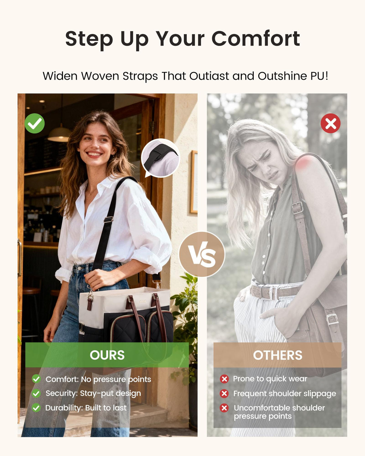 LOVEVOOK premium PU leather handles add professional style to the tote.