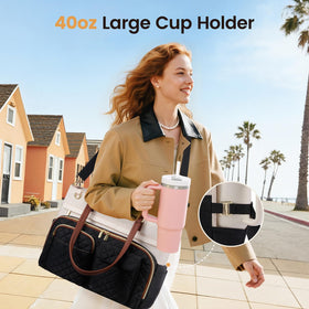 LOVEVOOK side-pocket cup holder securely holds a drink during travel.