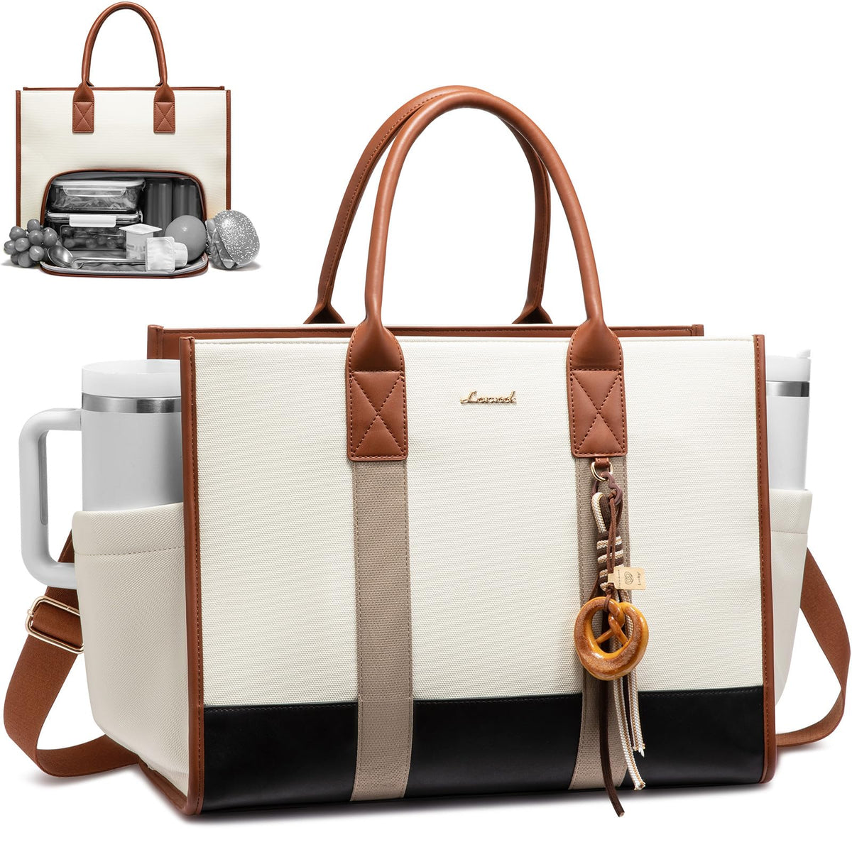 LOVEVOOK Work Tote with giant tumbler holder keeps beverages easily accessible on the go.