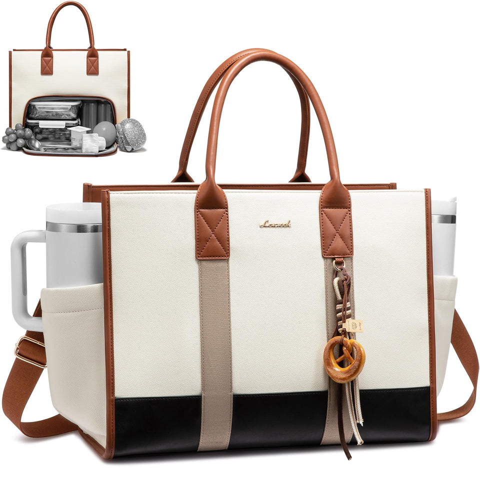 LOVEVOOK Work Tote with giant tumbler holder keeps beverages easily accessible on the go.