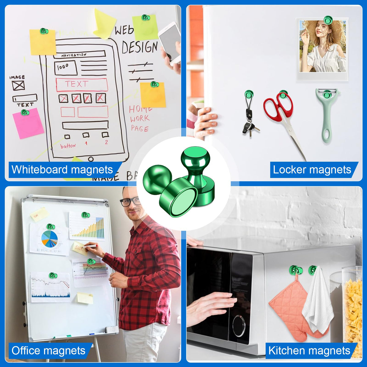 LOVIMAG fridge magnets securing notes on a metal surface