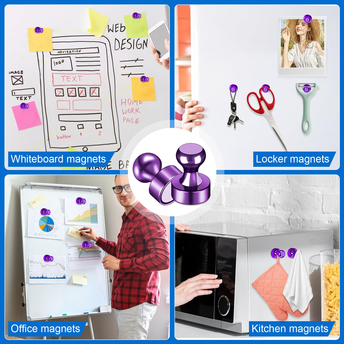 LOVIMAG purple fridge magnets with strong hold for whiteboards and calendars
