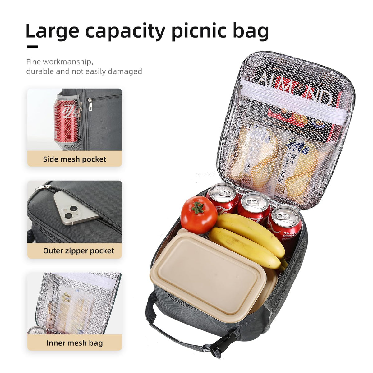 Lovoeo lunchbag side pocket stores drinks or small items.
