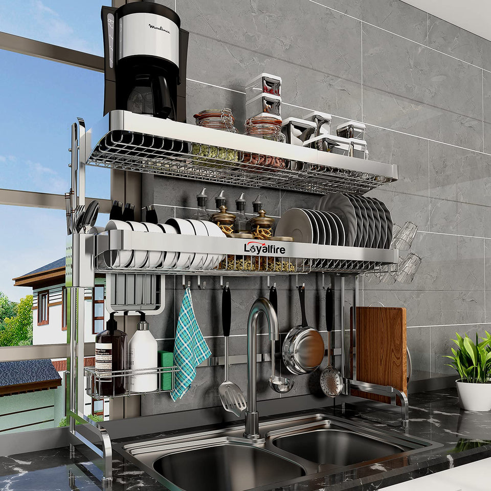 Loyalfire over-sink dish drying rack assembly view with modular shelves for flexible organization.
