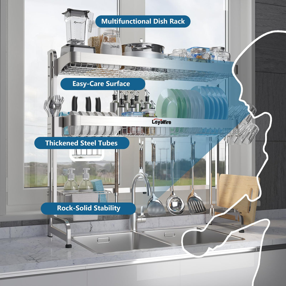 Loyalfire over-sink dish drying rack extended length demonstrates scalable design for larger kitchens.
