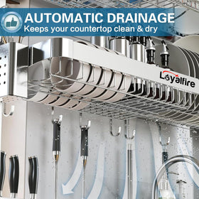 Loyalfire over-sink dish drying rack top shelf view shows extra storage space for cups and utensils.