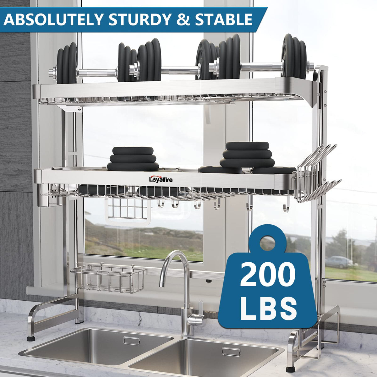 Loyalfire over-sink dish drying rack water drainage focuses on drain-direct-to-sink feature.