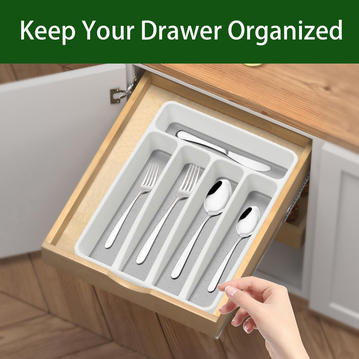 Loyareal organizer close-up shows soft TPR lining protecting silverware.