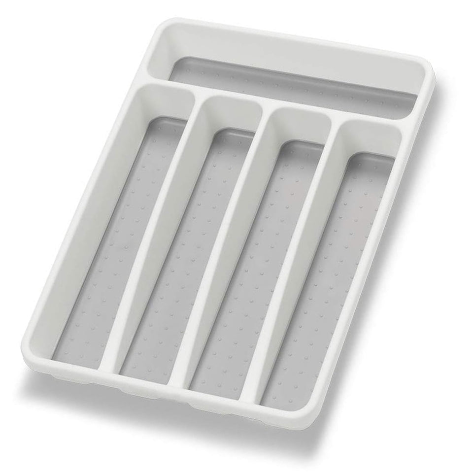 Loyareal silverware organizer in a white drawer, five compartments for tidy access.