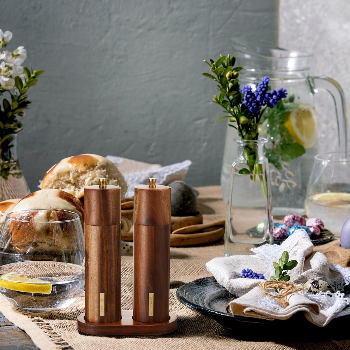 Close-up of LOYIM grinders emphasizing smooth wood surface and craftsmanship