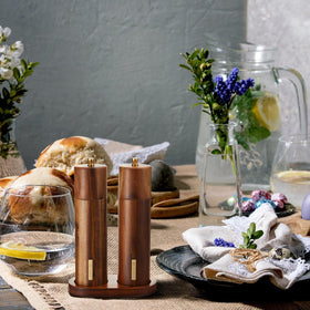 Close-up of LOYIM grinders emphasizing smooth wood surface and craftsmanship