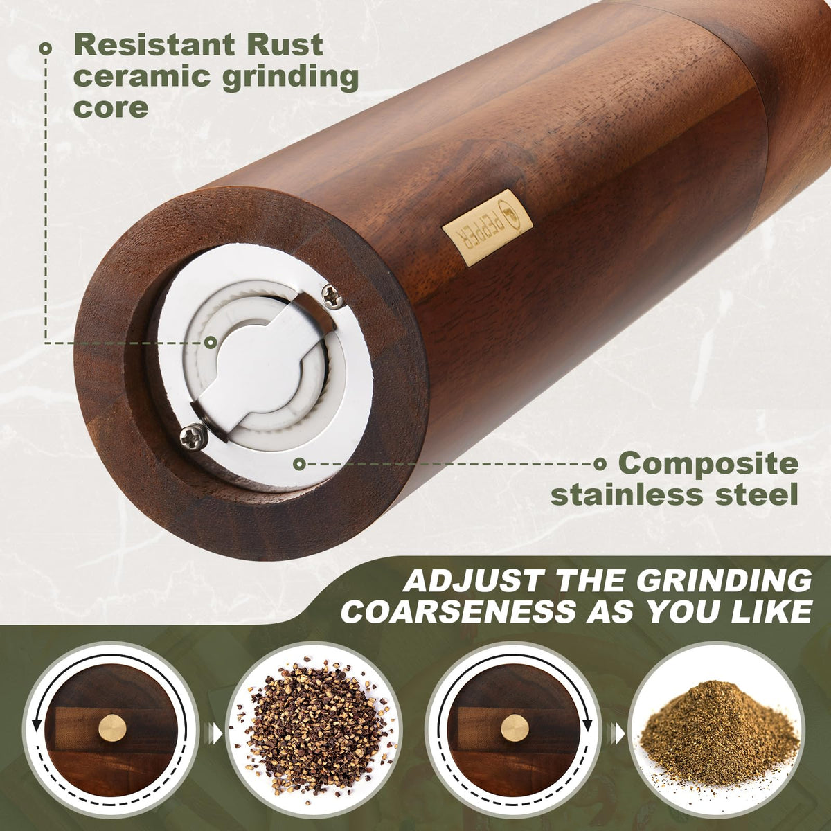 Easy refill system on LOYIM wooden grinders demonstrated for quick spice top-ups