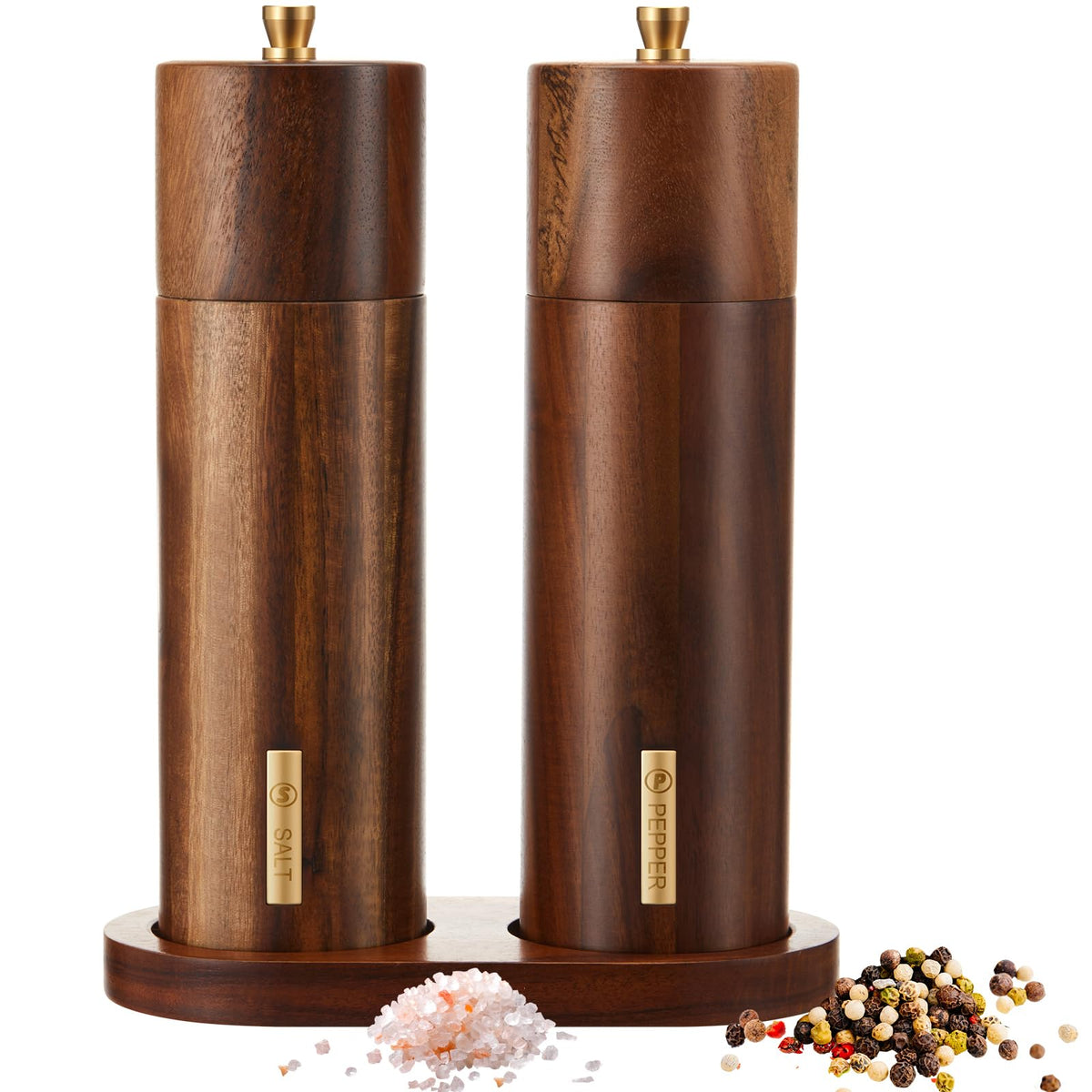 LOYIM wooden grinder set 8-inch top view shows natural acacia grain and warm finish for kitchen elegance