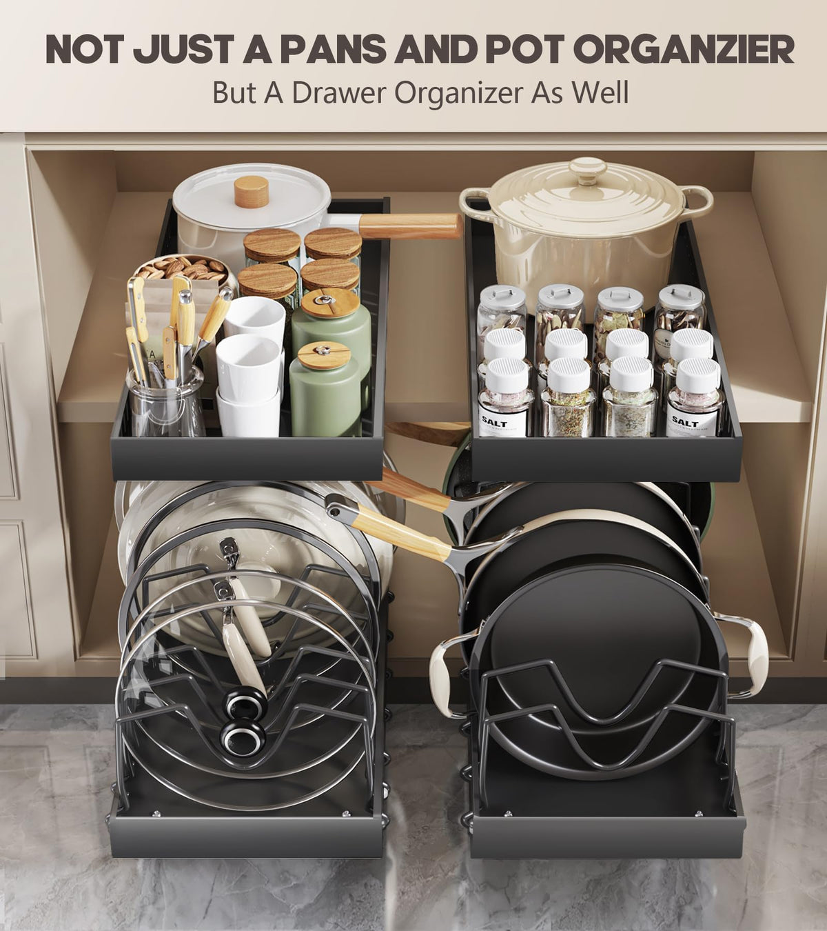 Lozovin sturdy pull-out system supports heavy cookware without wobble.