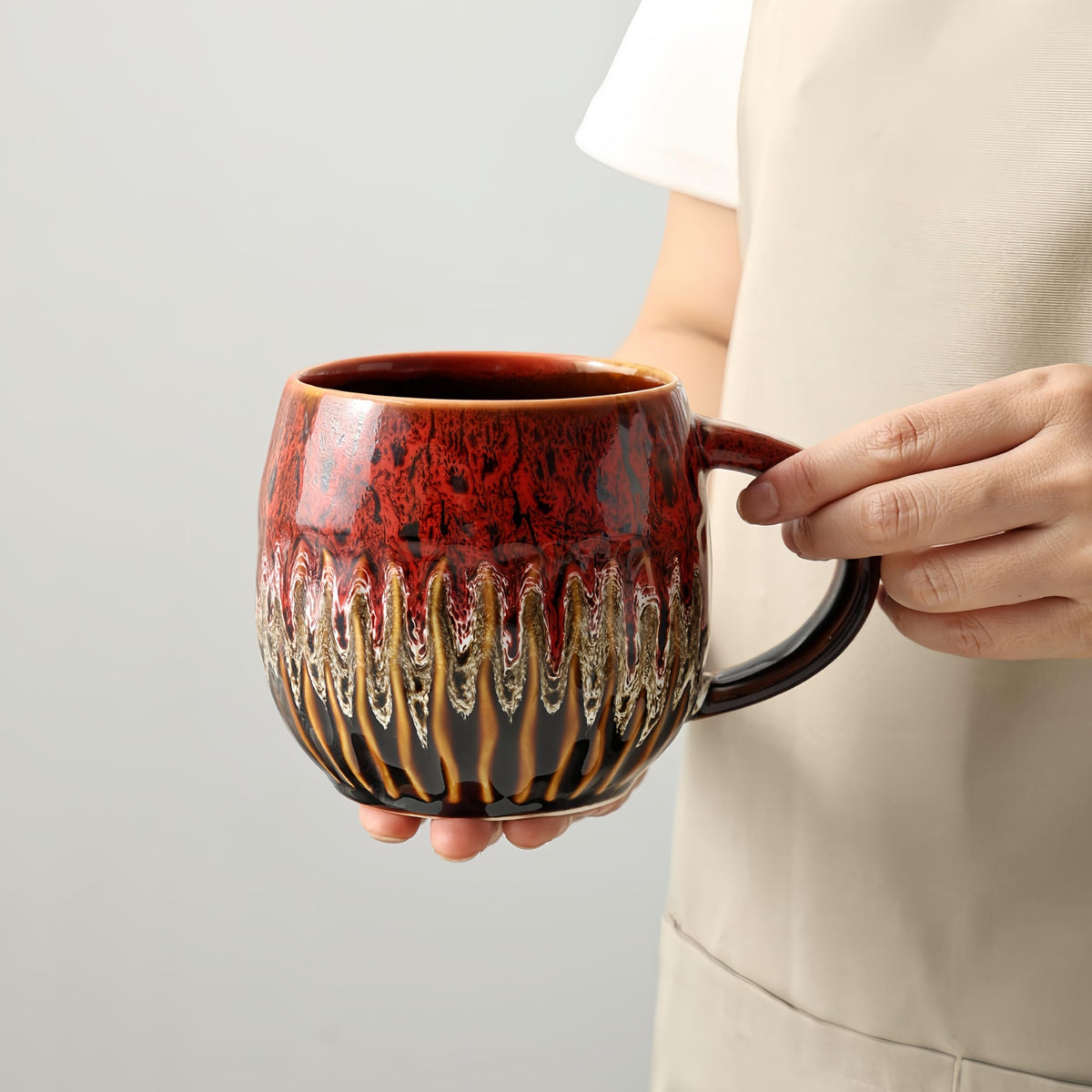Lpylxingyan 20oz mug with raku glaze close-up, unique artisanal finish for daily coffee rituals.