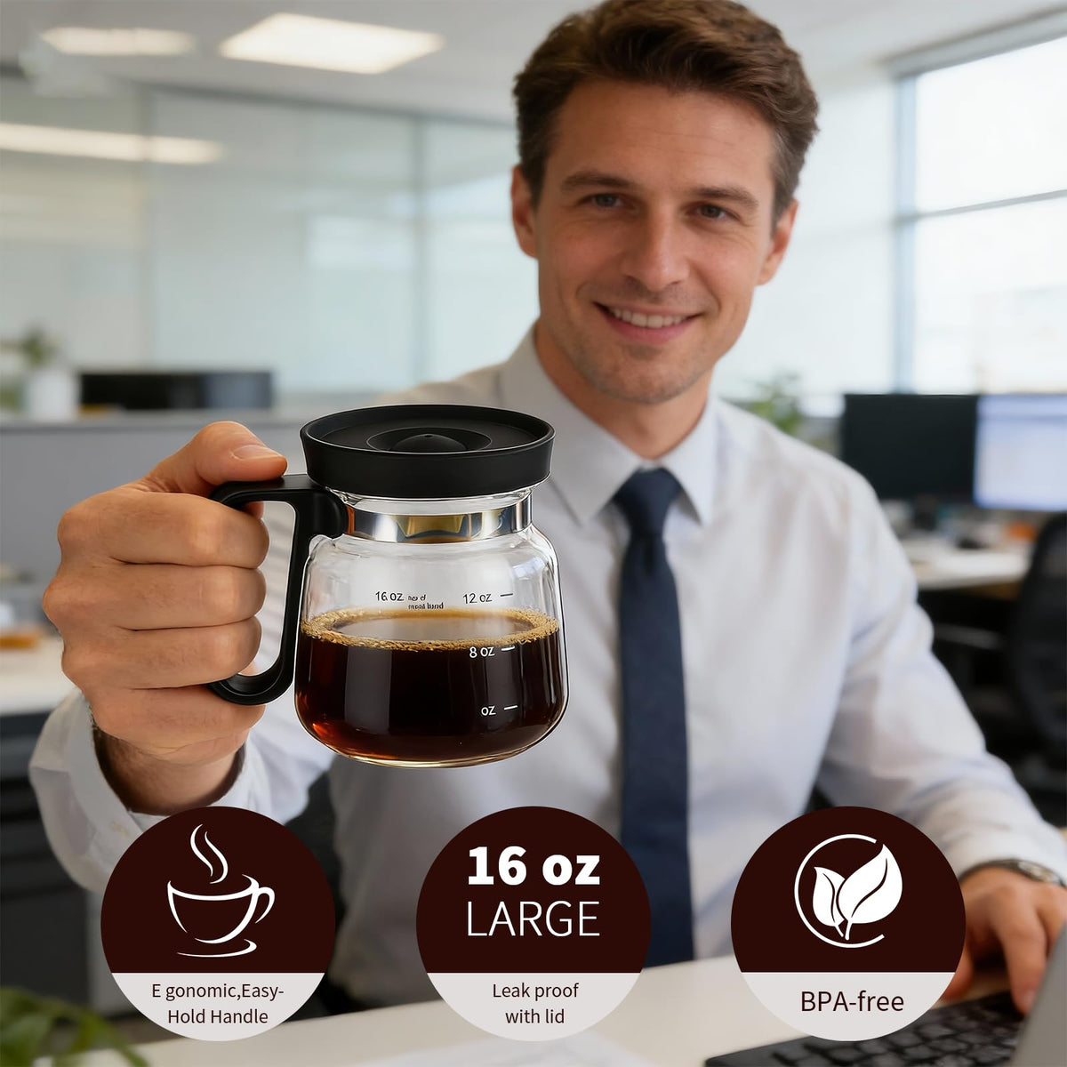 LQKQYHCTA 16 oz mug side view with spill-proof lid for desk safety.