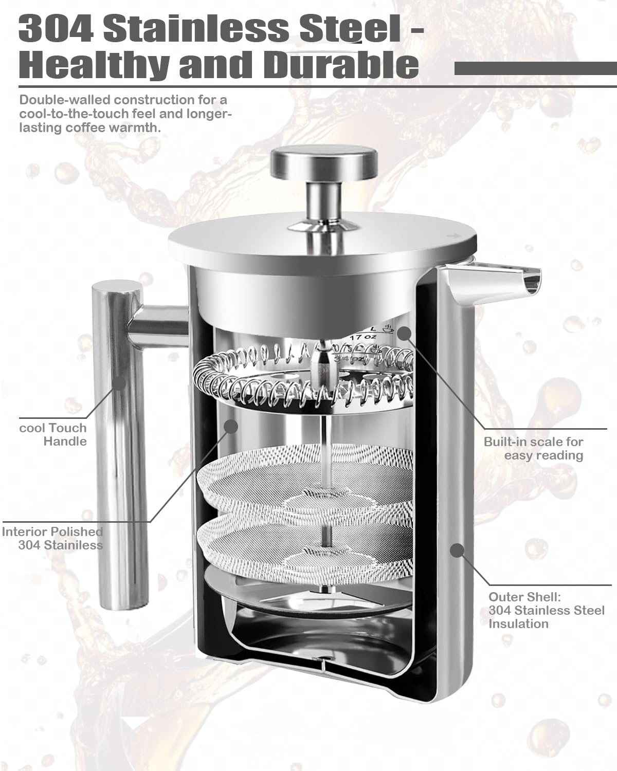 LRYYBTI French Press double-mesh filter delivers clean cups with richer flavor