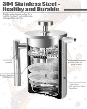 LRYYBTI French Press double-mesh filter delivers clean cups with richer flavor