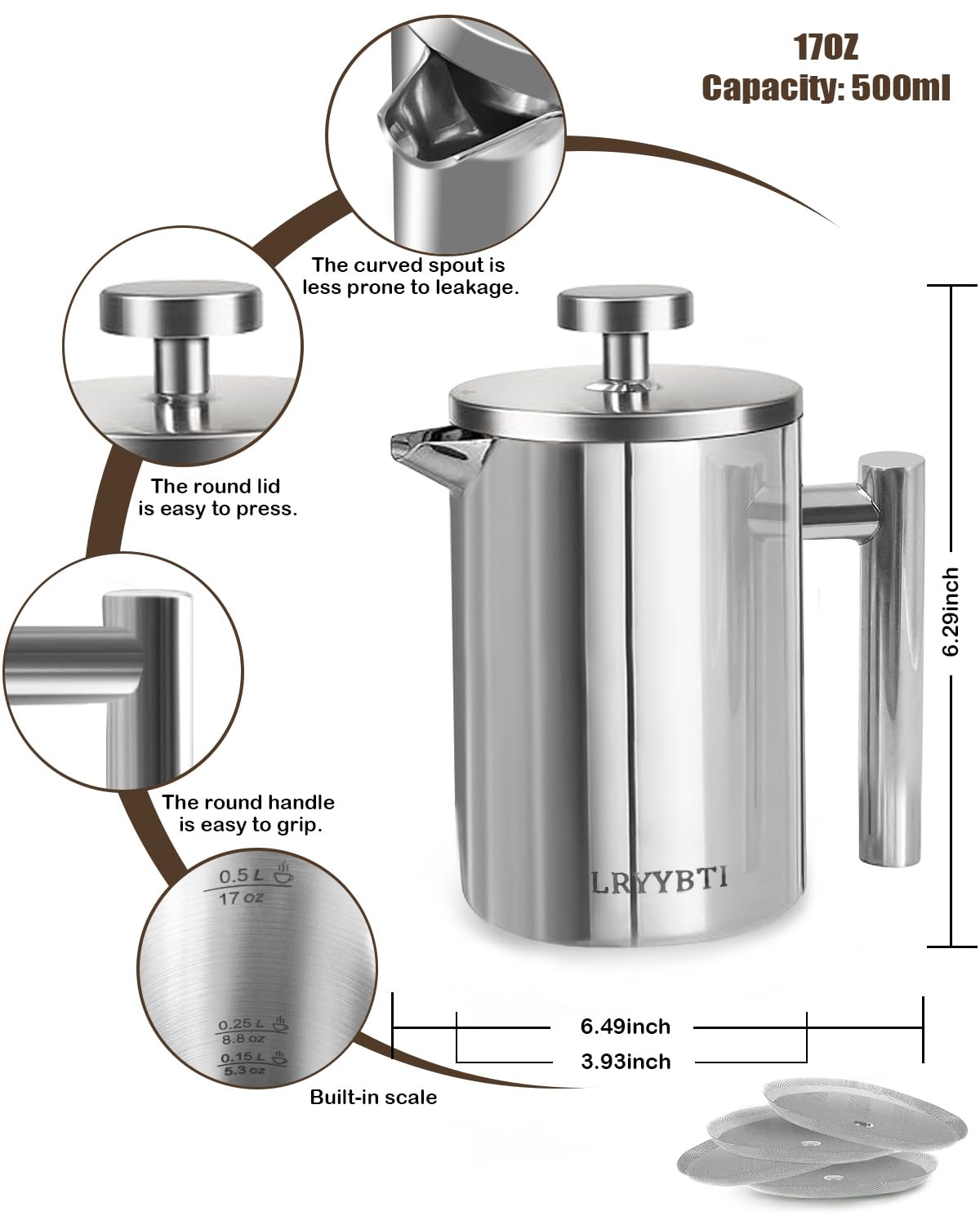 LRYYBTI French Press housing and scale shows precise brew timing for you
