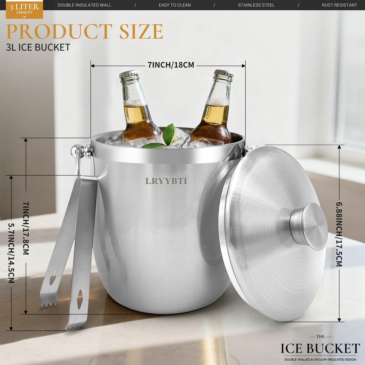 LRYYBTI ice bucket with tongs provides convenient ice serving during events.
