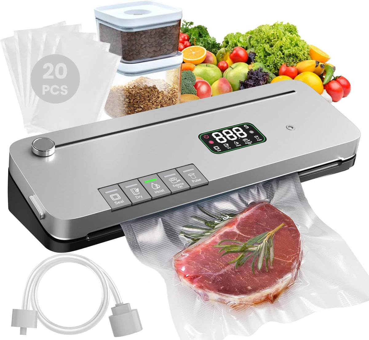LSA Apparel Food Vacuum Sealer with 75KPa suction preserves freshness of meats and produce.