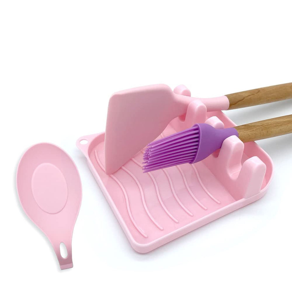 LSVGOE spoon rest with drip pad in pink keeping countertops clean during cooking.