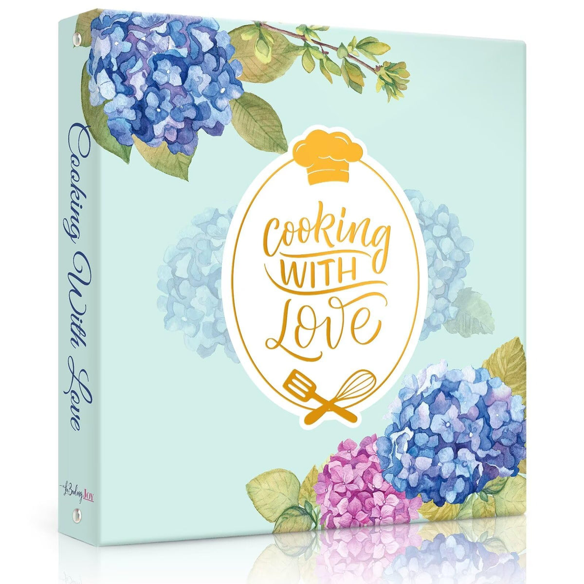 LuBudingJoy blue hydrangea recipe binder cover keeps kitchen organized.