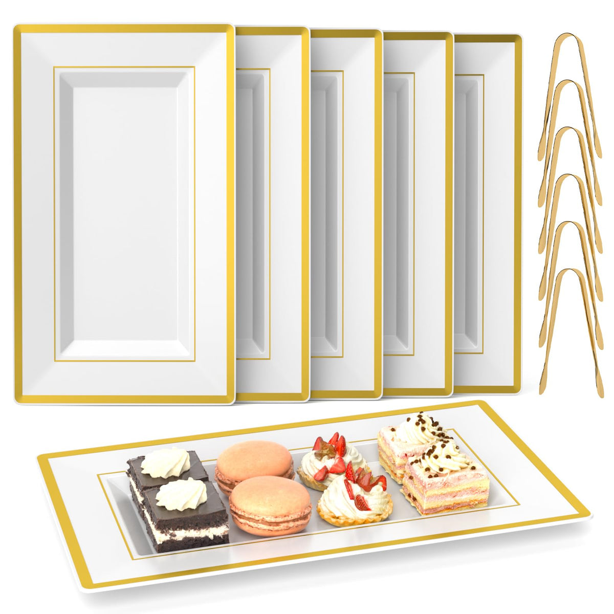 LUCKJUJU 6-sets plastic serving trays with tongs for elegant party presentation.
