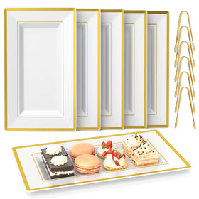 LUCKJUJU 6-sets plastic serving trays with tongs for elegant party presentation.