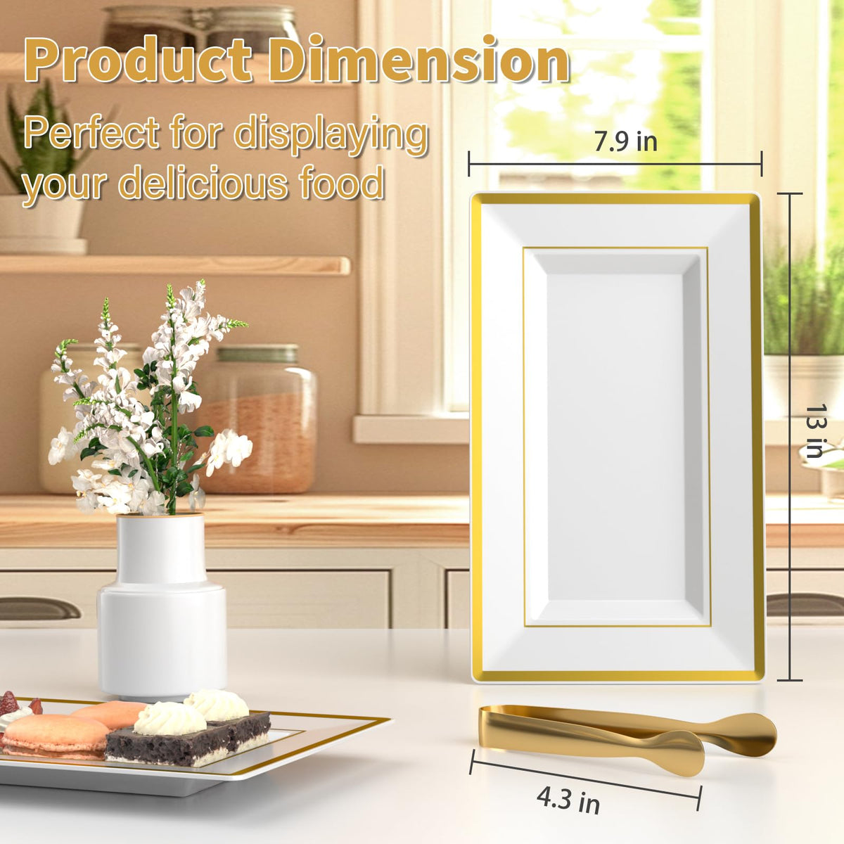 LUCKJUJU white-surface trays with gold rim showcase desserts and fruit beautifully.
