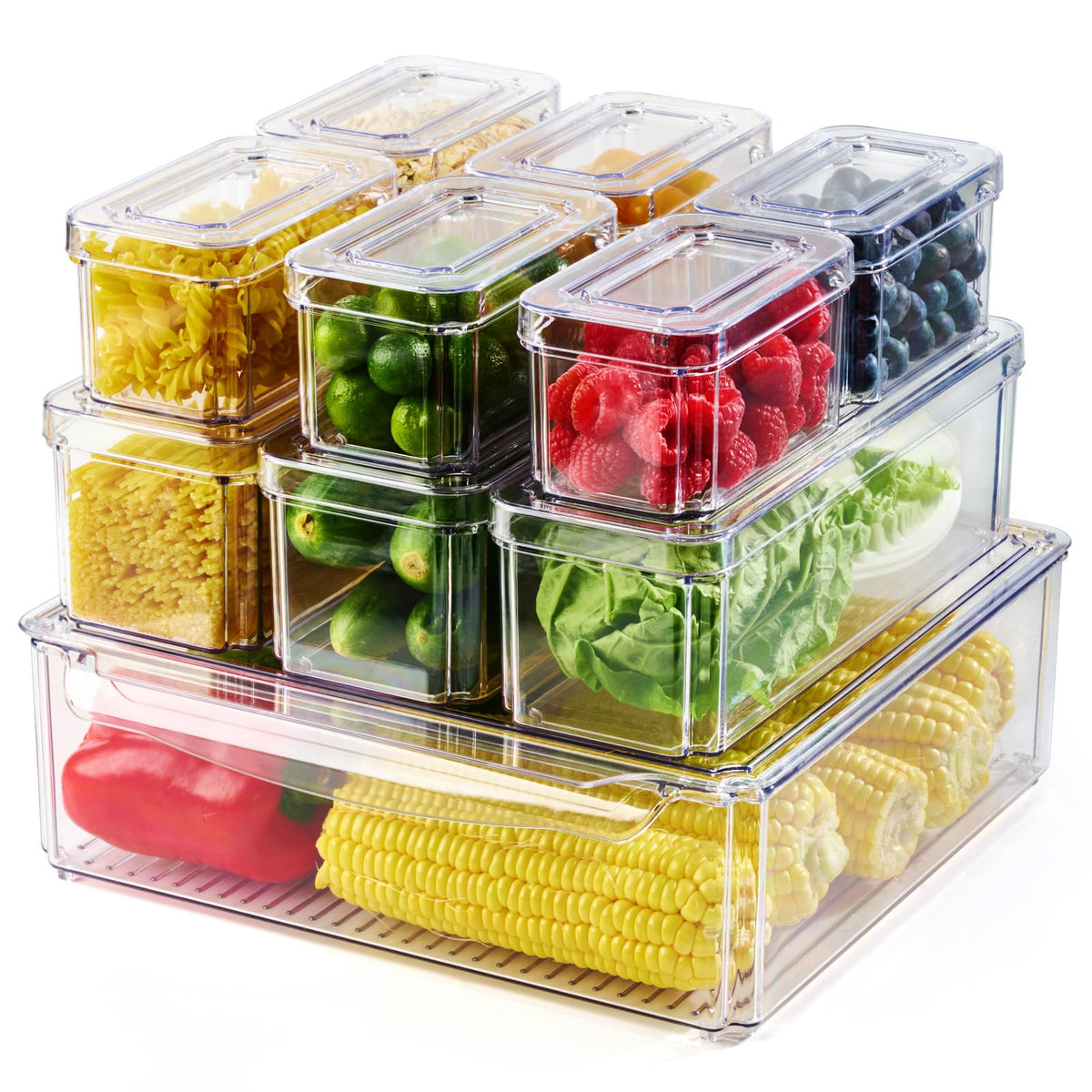 Luckore clear fridge organizer bins stackable with lids for tidy storage.